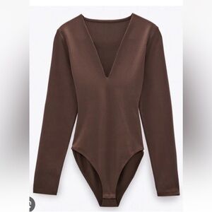 Zara Women's Sz Small Brown V neck Long Sleeve Bodysuit